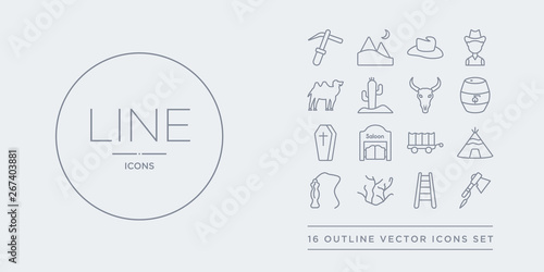 16 line vector icons set such as tomahawk, train rails, tumbleweed, whip, wigwam contains wild west cart, wild west saloon, wooden coffin, barrel. tomahawk, train rails, tumbleweed from desert