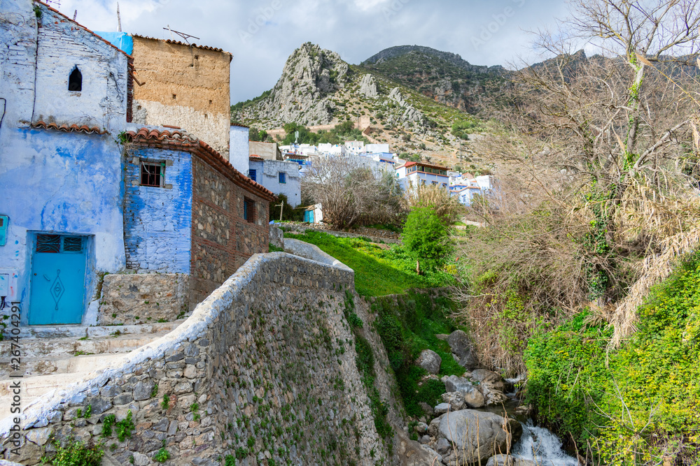 Blue Buildings beside a Stream on a Mountain in Chefchaouen Morocco