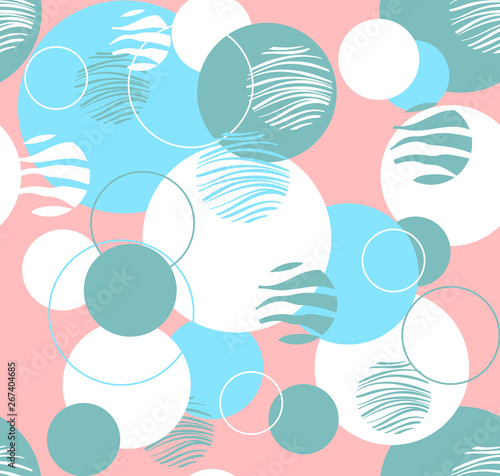 Trendy abstract seamless pattern with white, blue, green circles on a coral background. Seamless vector texture. Design for fabric, paper, packaging.