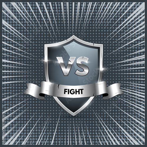 Battle vector element concept. Competition illustration with glowing silver shield with versus symbol. Night club event promotion. MMA, wrestling, boxing fight poster.