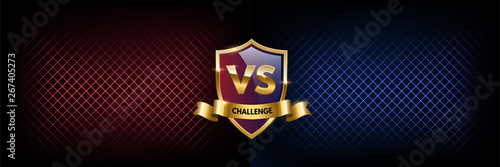 Battle vector banner concept. Competition illustration with glowing golden shield with versus symbol. Night club event promotion. MMA, wrestling, boxing fight poster.