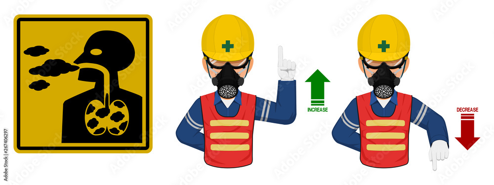 Set of industrial worker with gas mask is gesturing hand sign ( increase,decrease) Set of industrial worker with gas mask is gesturing hand sign ( increase,decrease)