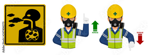 Set of industrial worker with gas mask is gesturing hand sign ( increase,decrease)