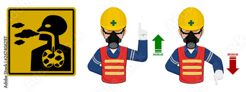 Set of industrial worker with gas mask is gesturing hand sign ( increase,decrease)