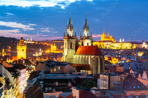 Prague cityscape at sunset with church of Our Lady before Tyn and Prague castle, Czech Republic
