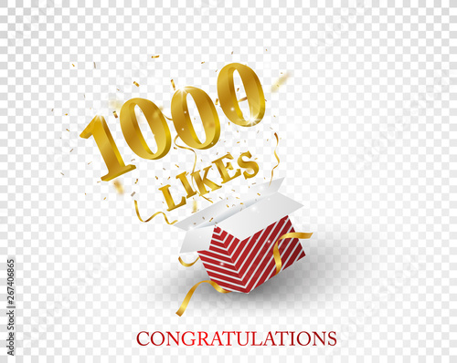 1000 likes out of the box with gold confetti isolated on transparent background