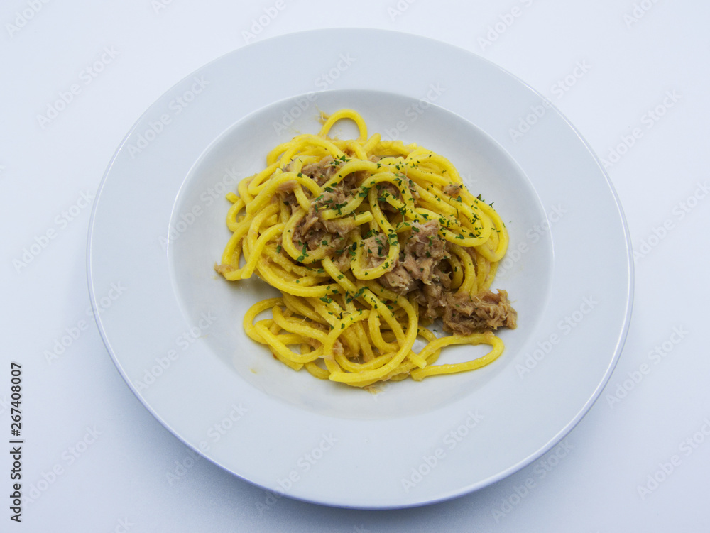Spaghetti with tuna on white background, italian food