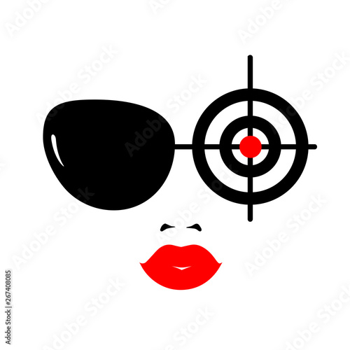 Beautiful young woman with sunglasses and target. Secret agent, spy, policeman, detective or security guard. Female character face. Vector illustration