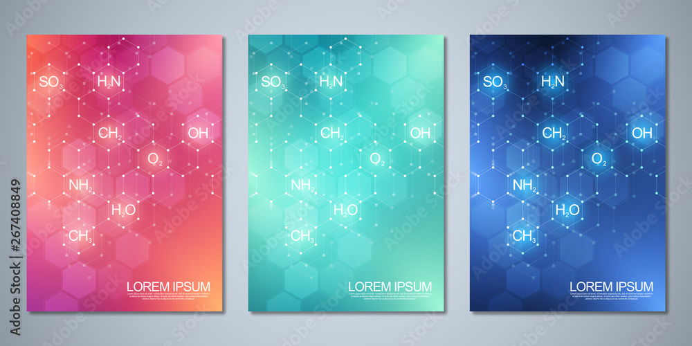 Template brochure or cover with abstract chemistry background of chemical formulas and molecular structures. Science and innovation technology concept.
