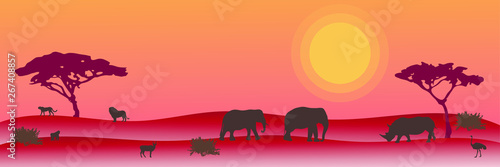 Landscape of African savannah. Silhouette of animals in wild nature