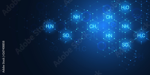 Abstract chemistry pattern on dark blue background with chemical formulas and molecular structures. Science and innovation technology concept.