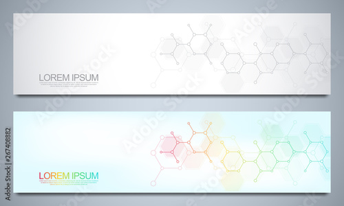 Banners and headers for site with medical background and molecular structures. Abstract geometric texture. Modern design for decoration website and other ideas.