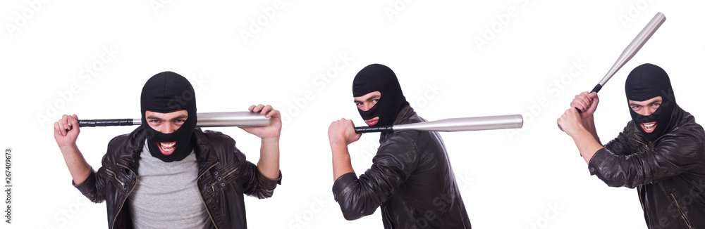 Male hooligan with bat on white Male hooligan with bat on white