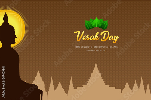 silhouette vesak day monk phra buddha pray concentration composed release front of pho leaf religion culture faith vector illustration eps10