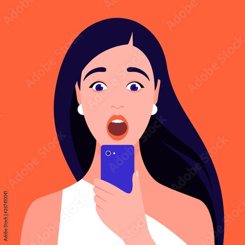 Shocked girl looks into her smartphone. Portrait of a woman who opened her mouth in surprise. Vector flat illustration