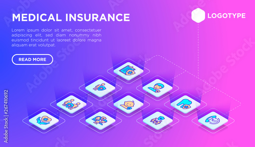 Medical insurance web page template with thin line isometric icons: policy, life insurance, psychological support, maternity program, 24/7 support, mobile app, telemedicine. Vector illustration.