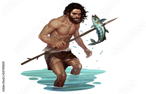 Illustration of Caveman Catching Fish with Simple Spear