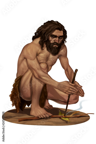 Illustration of Caveman Try to Create Fire with Primitive Technique