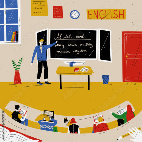 English Lesson. Teacher near blackboard in classroom.