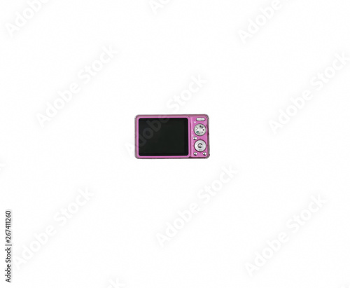 Compact pink digital camera isolated on white background. Photo video camera with screen.