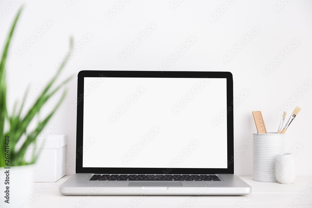 Fototapeta premium Laptop mockup. Minimal workspace.