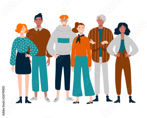 Group of diverse young, middle-aged people standing together.