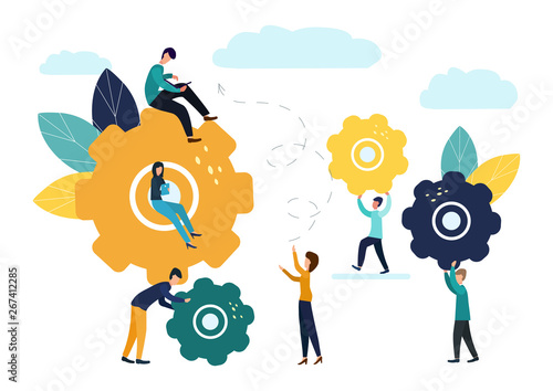Business concept vector illustration, small people communication mechanism, business mechanism, people engaged in business promotion