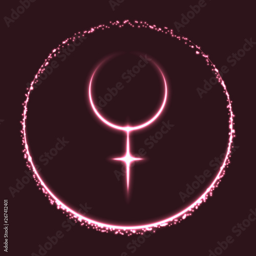 Vector abstract shiny astrological sign of Venus planet and crescent moon on dark pink background. Illustration of female symbol. Glowing Venus icon.