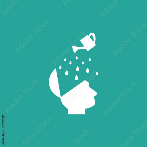 White silhouette of open head and watering can with water drops. Open Brain Shower pictogram