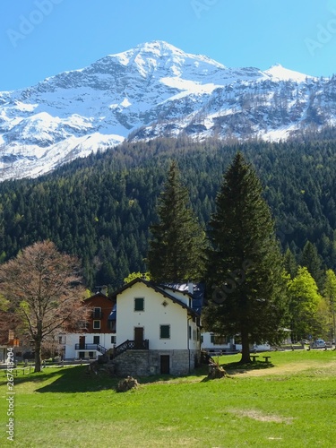 View of the town of Macugnaga, in the Italian alps, on a sunny day- April 2019