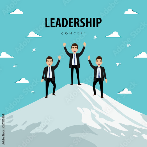 Cartoon character of the team on the mountain. Leadership Concept Vector