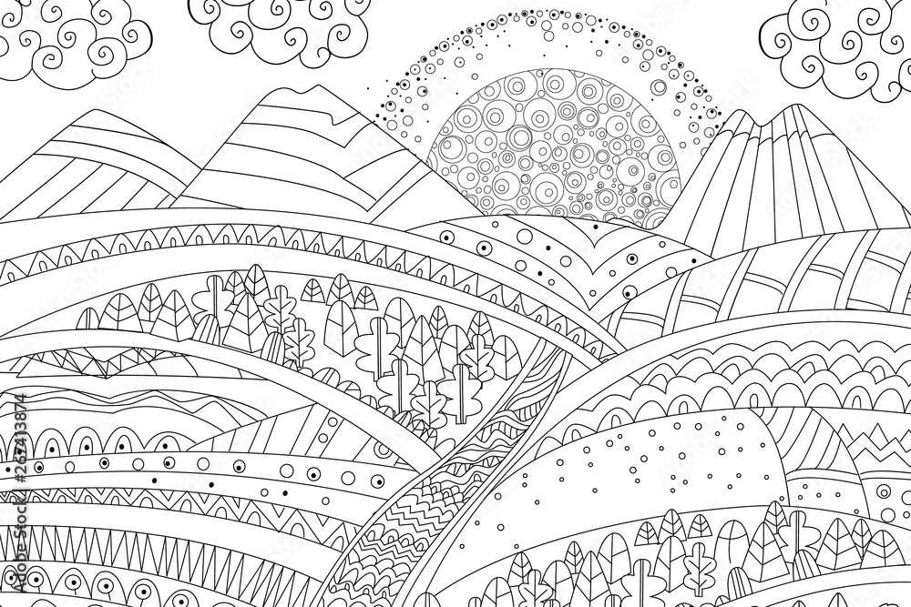 Fototapeta premium sunrise in mountain landscape for your coloring book