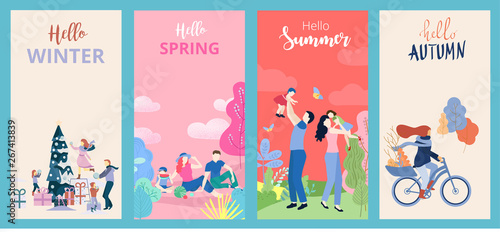 Hello summer, spring, autumn, winter. Set of posters or cards with people and outdoor seasonal entertainment.