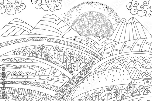 sunrise in mountain landscape for your coloring book