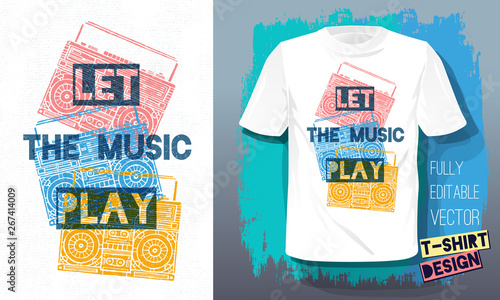 Let the music play lettering slogan retro sketch style tape cassette recorder for t shirt design print posters kids boys girls. Hand drawn vector illustration.