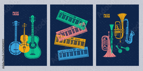 Musical instruments, guitar, fiddle, violin, clarinet, banjo, trombone, trumpet, saxophone, sax, music lover slogan graphic for t shirt design posters prints covers. Hand drawn vector illustration.