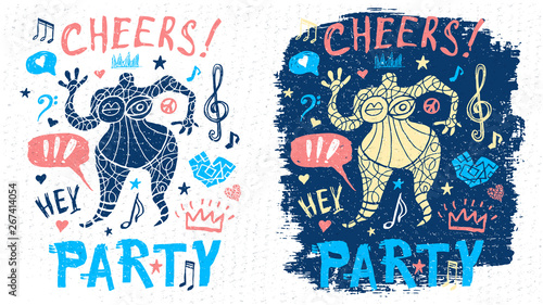 Funny cool dude character theme music party doodle style lettering slogan graphic art for t shirt design print posters. Hey, cheers, hearts. Hand drawn vector illustration.