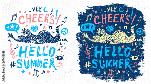 Funny cool dude character theme music party doodle style lettering slogan graphic art for t shirt design print posters. Hey, cheers, hello summer. Hand drawn vector illustration.