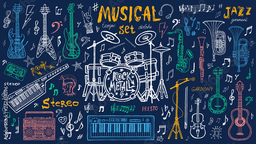 Funny cool sketch set, theme music party, doodle style lettering, musical notes, instruments slogan graphic art for t shirt design print posters. Hand drawn vector illustration.