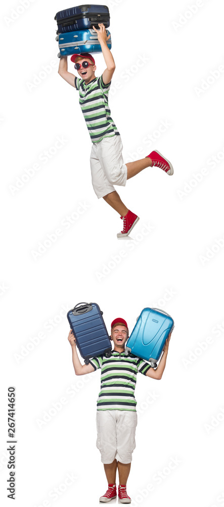 Fototapeta premium Young man with heavy suitcases isolated on white 