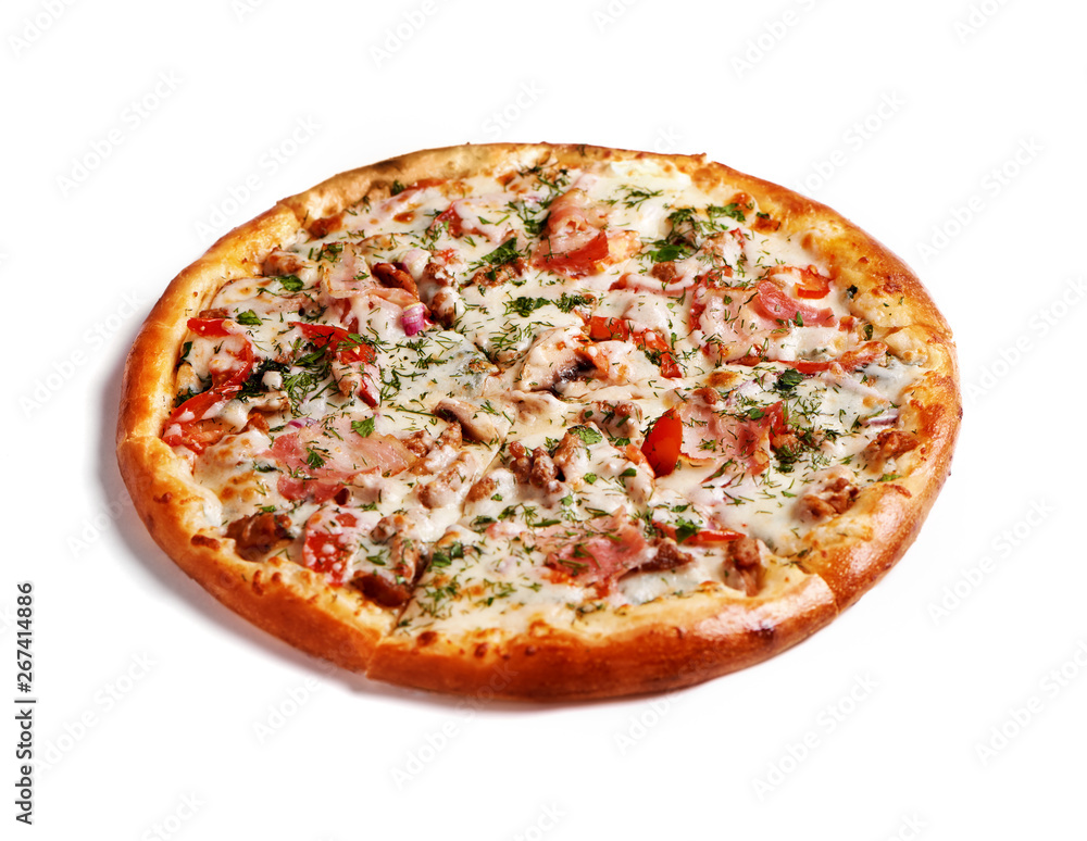 Fresh tasty pizza on white background. Clipping path included. Side view. Fresh tasty pizza on white background. Clipping path included. Side view.