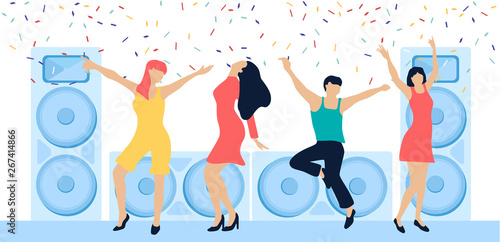 Party festive poster with people, loudspeakers and confetti. Flat style design.