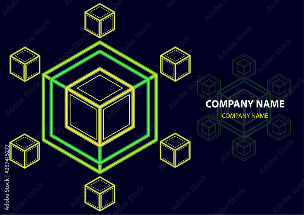 Company logo icon design template element. Logo in the form of a hexagon, a cube in a cube on a dark background. Company logo icon design template element. Logo in the form of a hexagon, a cube in a cube on a dark background.