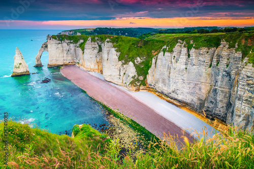 Amazing Atlantic ocean coastline with high cliffs, Etretat, Normandy, France