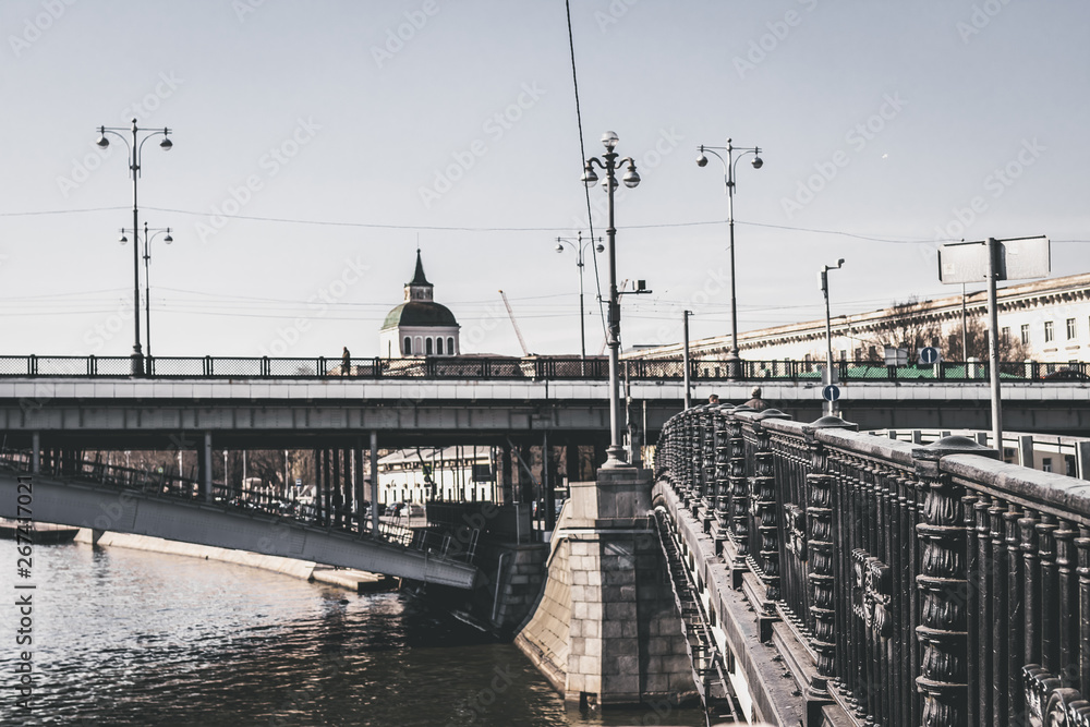 Metal bridge. Construction, river, iron. Moscow, Russia.
