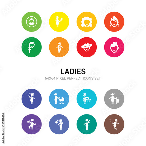 16 ladies vector icons set included woman taking a selfie, woman talking by phone, woman thinking, training, traveller, veterinarian, with baby stroller, with curls, with cute hairstyle, hat,