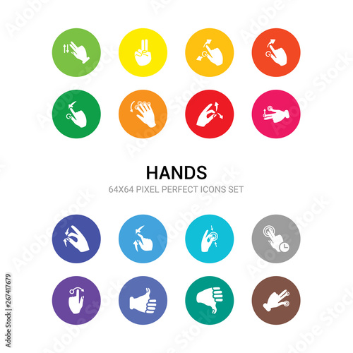 16 hands vector icons set included three fingers command, thumb down, thumbs up, touch and downward sliding gesture, touch and hold, touch and join, move gesture, scroll gesture, upward slide,