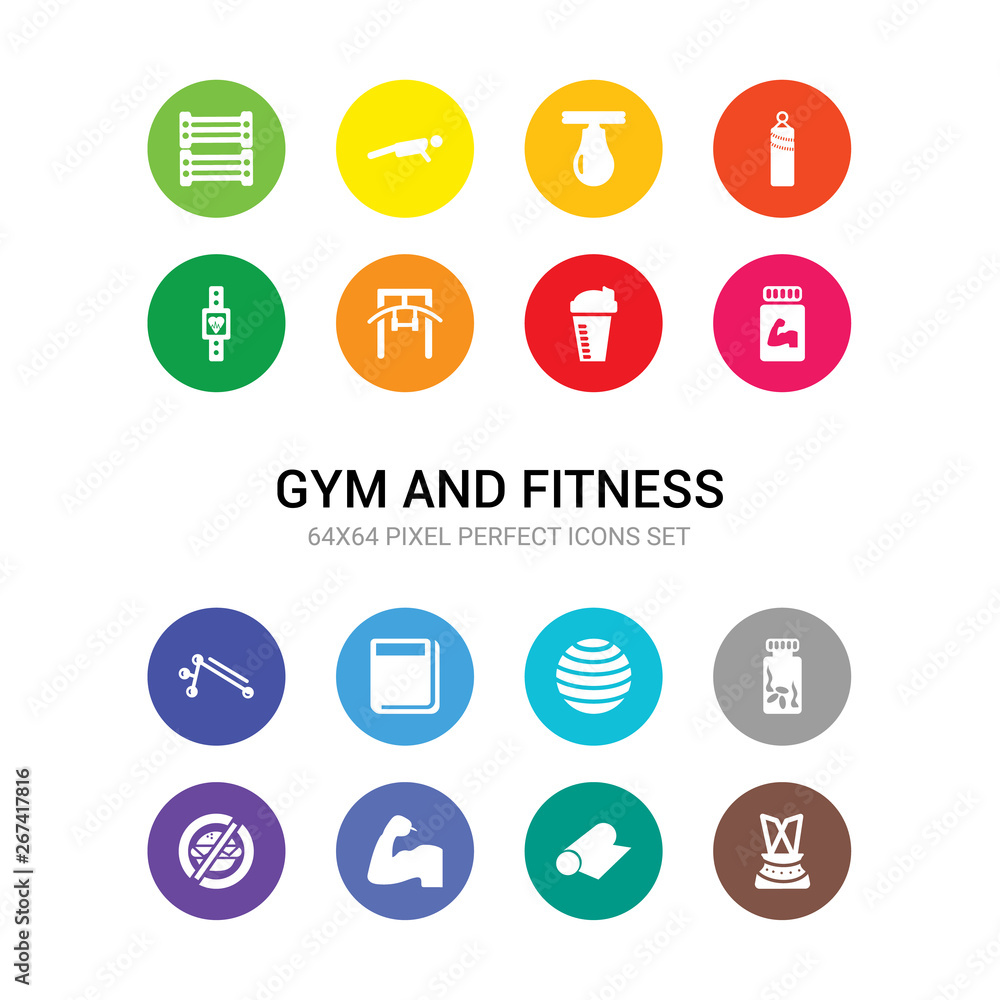 16 gym and fitness vector icons set included lumbar belt, mat, muscles, no fast food, phytonutrients, pilates ball, press, press simulator, protein, protein shake, pull up bar icons 16 gym and fitness vector icons set included lumbar belt, mat, muscles, no fast food, phytonutrients, pilates ball, press, press simulator, protein, protein shake, pull up bar icons