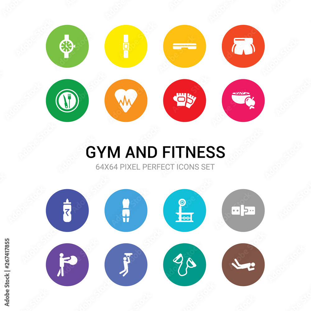 16 gym and fitness vector icons set included exercise, exercise bands, fitness, fitness ball, belt, bench, body, drink, food, gloves, heart icons 16 gym and fitness vector icons set included exercise, exercise bands, fitness, fitness ball, belt, bench, body, drink, food, gloves, heart icons