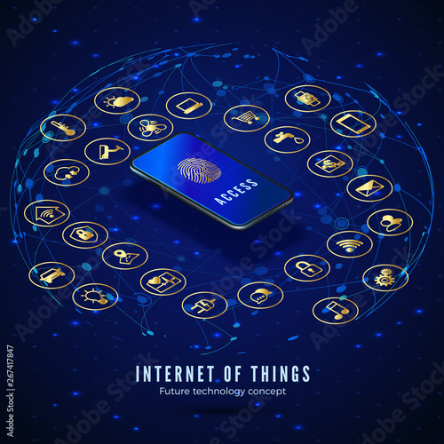 IOT isometric banner. Internet of things. Digital global ecosystem. Monitoring and control smart systems by smartphone. Smart city and house concept. Vector illustration